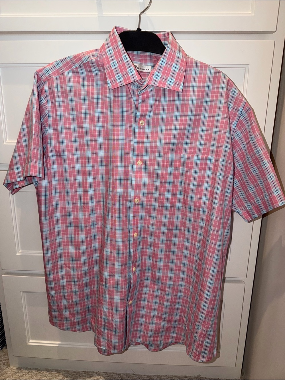 Peter Millar Short Sleeve 100% Cotton Button Up Button Down Plaid Shirt Large